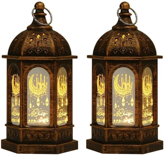 Lanterne per Ramadan 2 pezzi - Luce a LED senza fiamma - Lampada da giardino in stile rustico - Lampade da notte - Decorazione per Eid Mubarak - Progetto di design islamico - Lampada da decorazione