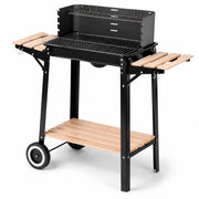 Barbecue A Carbone Con Griglia E Paravento Antivento Ripiani Legno Laterali Ganci Porta Utensili Ruote Per Trasporto Facile Giardino Campeggio 94 x 40 x 84 Cm Nero