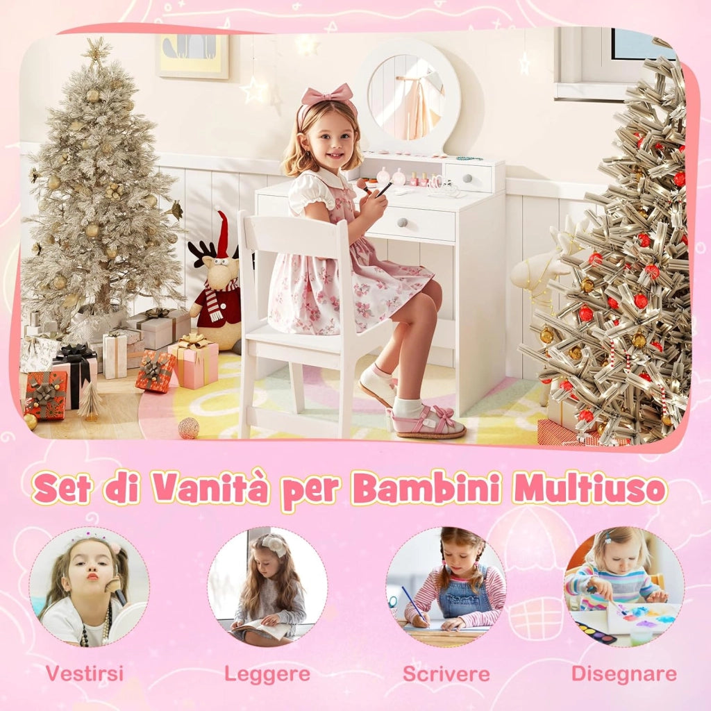Set Toeletta Trucco per Bambina con Sedia a Schienane, Tavolo Trucco con Specchio Acrilico Rotondo, Postazione Trucco con 2 Cassetti Grandi e 2 Piccoli, per Bambine 3+ Anni, Bianco
