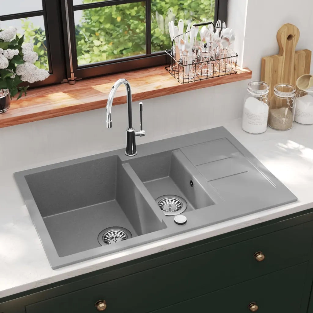 Lavello da Cucina in Granito Vasca Doppia-Lavandino-Lavabo Grigio