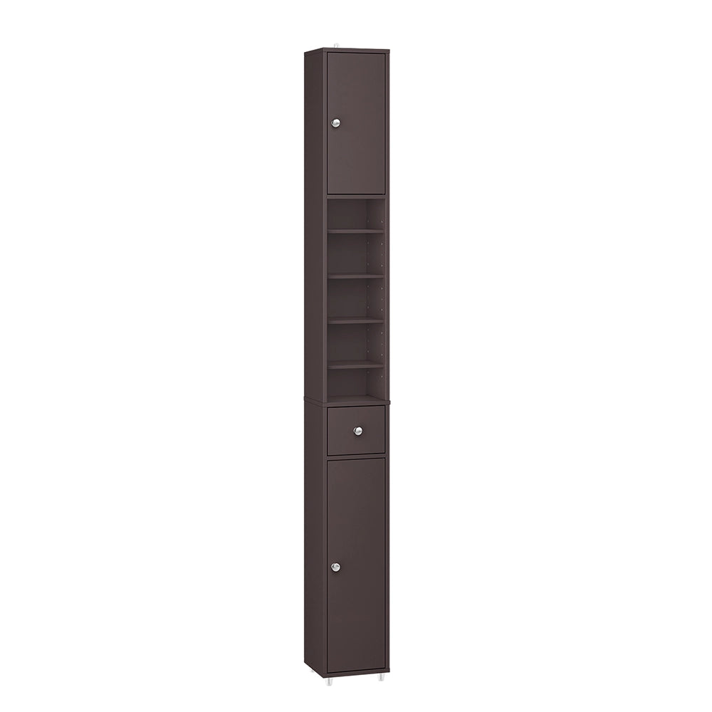 SoBuy BZR34-II-BR Colonna Bagno Stretta - Mobile Bagno Idrorepellente, Alto con Ripiani Regolabili e Cassetto - Armadietto Salvaspazio, MDF, Marrone scuro, 20x180x20cm