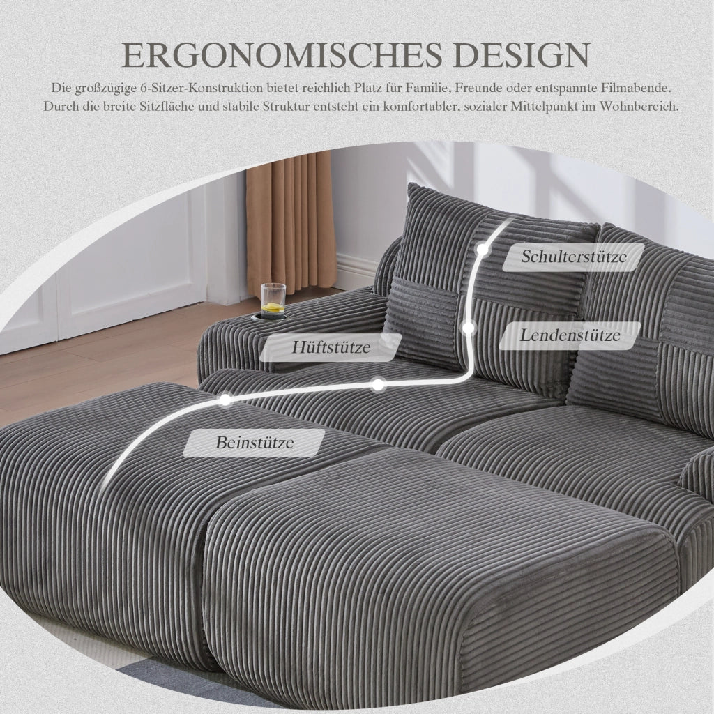 Divano modulare 2 posti con portabevande e tasca laterale in tessuto a coste grigio scuro, 200 × 174 × 80 cm