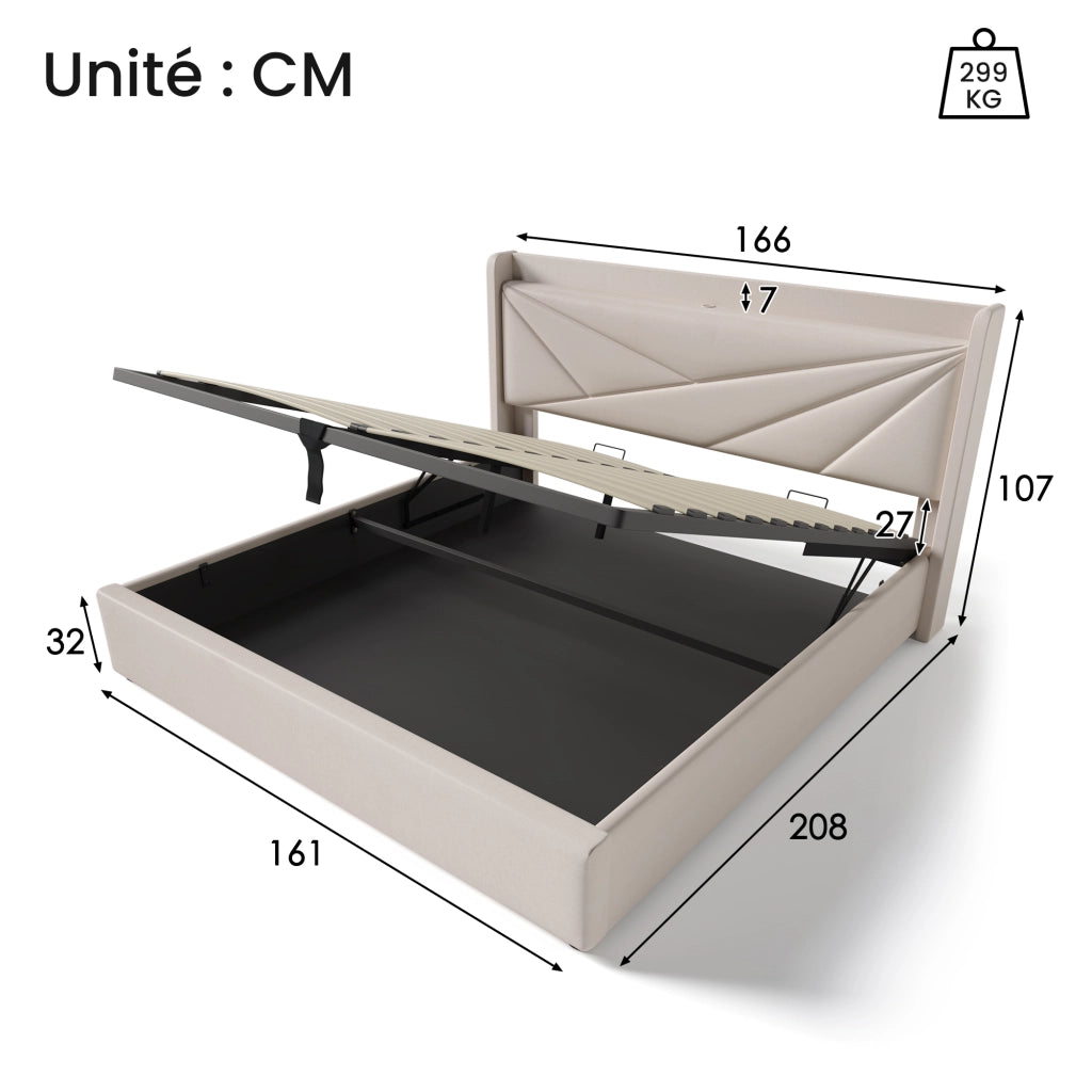 OKWISH Letto Contenitore 160×200 cm, Letto Matrimoniale con USB, Tipo C e Testiera Geometrica, senza Materasso, in Lino Cotone, Beige