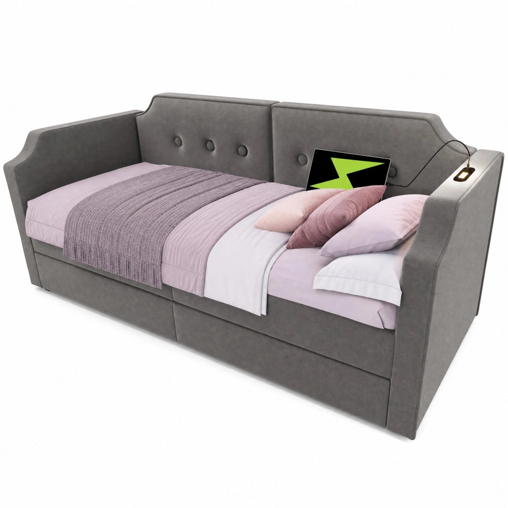 Letto imbottito 90x200 cm in velluto grigio con USB Type-C; luce da lettura e 2 cassetti