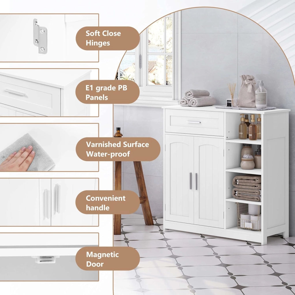 Mobile da Bagno Indipendente con 2 Ante 1 Cassetto 4 Ripiani Aperti, Regolabili in Altezza, Unità di Stoccaggio per Corridoio, Credenza da Cucina, 80x30x80,5 cm, Bianco