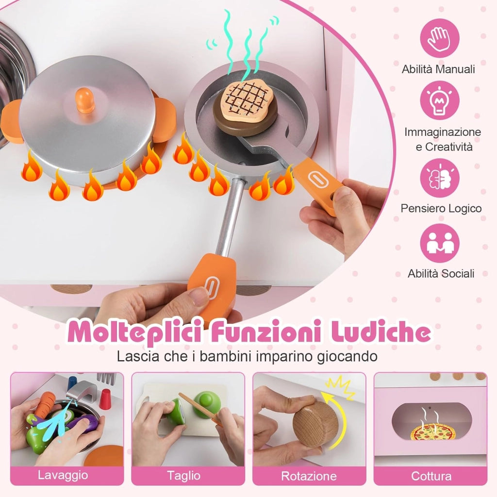 Cucina Giocattolo in Legno per Bambini, Set Gioco di Finzione con Orologio, Fornello, Porta Spezie e Accessori Completi, per Bambini 3+ Anni, 52 x 29,5 x 71 cm (Rosa + Bianco)