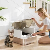 Lettiera per Gatti Chiusa in Acciaio Inossidabile, con Pala, 70 x 50 x 46,5 cm, Bianco