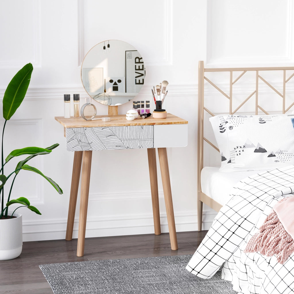 Tavolo Trucco Design Scandinavo con Cassetto e Specchio Grande ¨C zephmum ¨C 70x39x119-128 cm