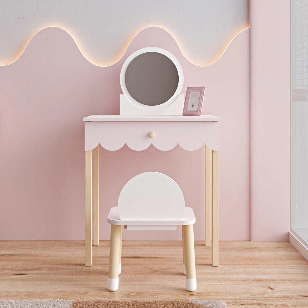 Set di Toeletta Vestnes Tavolino da Trucco con Sedia per Cameretta - Rosa/Bianco [en.casa]
