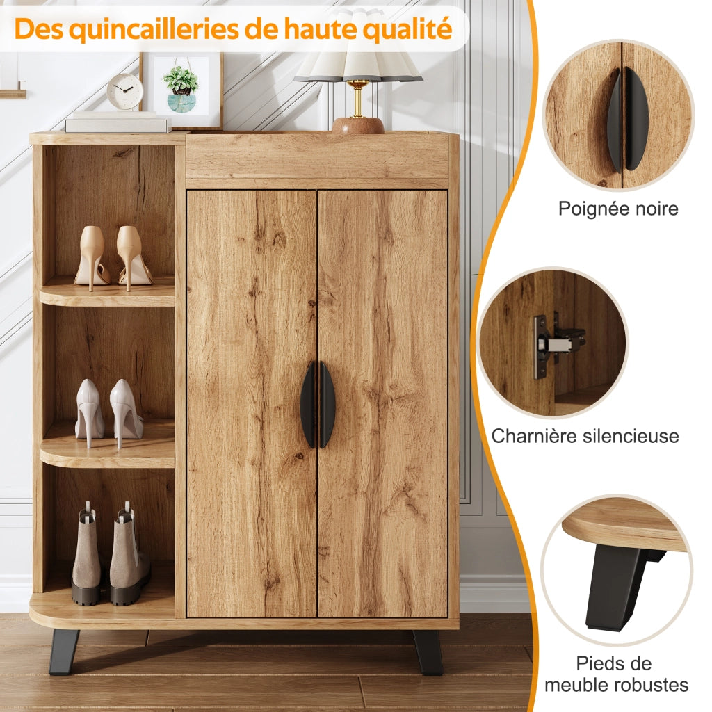 Scarpiera con vani aperti e 2 ante, ripiano superiore, per ingresso e corridoio, in truciolare, naturale, 80 × 32 × 99 cm