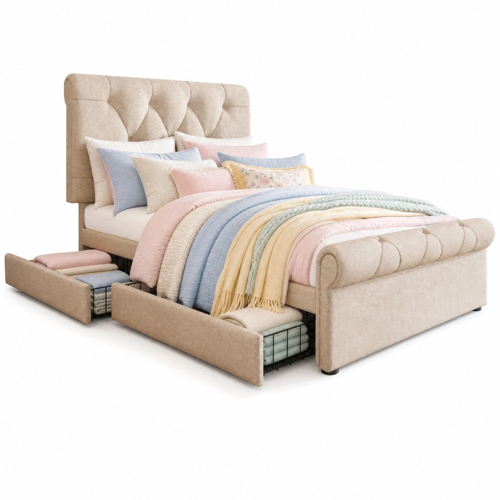 Letto singolo imbottito 90x200 cm con 2 cassetti; testiera regolabile e materasso; naturale