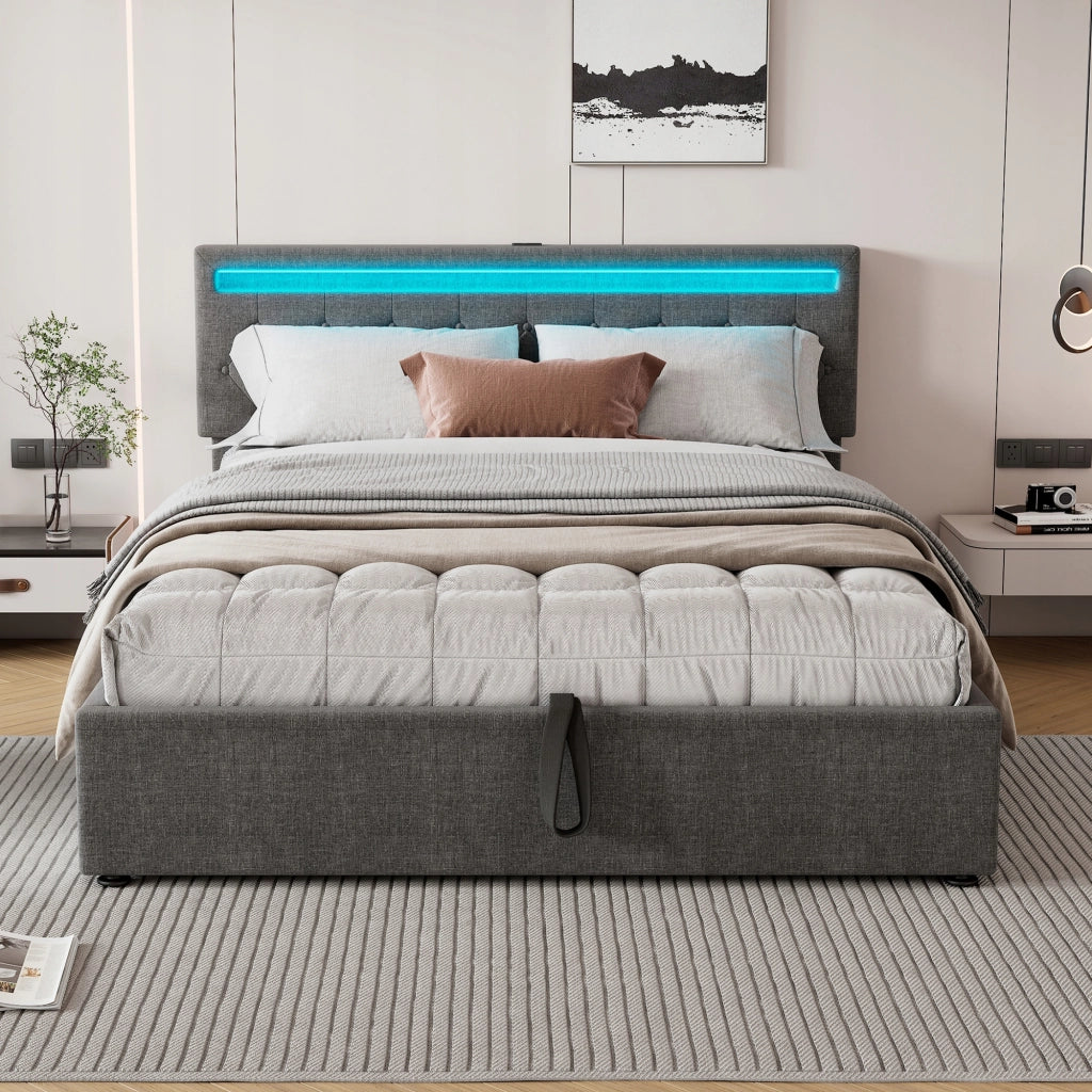 Letto imbottito 160x200 grigio con illuminazione e USB - Xylo