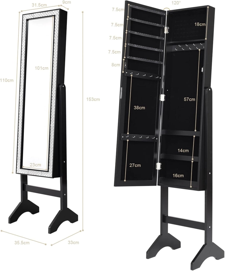 Armadio per Gioielli, Armadietto Portagioie con Specchio a Figura Intera, Organizer Spazioso per Gioielli, per Camera da Letto e Salotto, 35,5 x 33 x 153 cm (Nero)