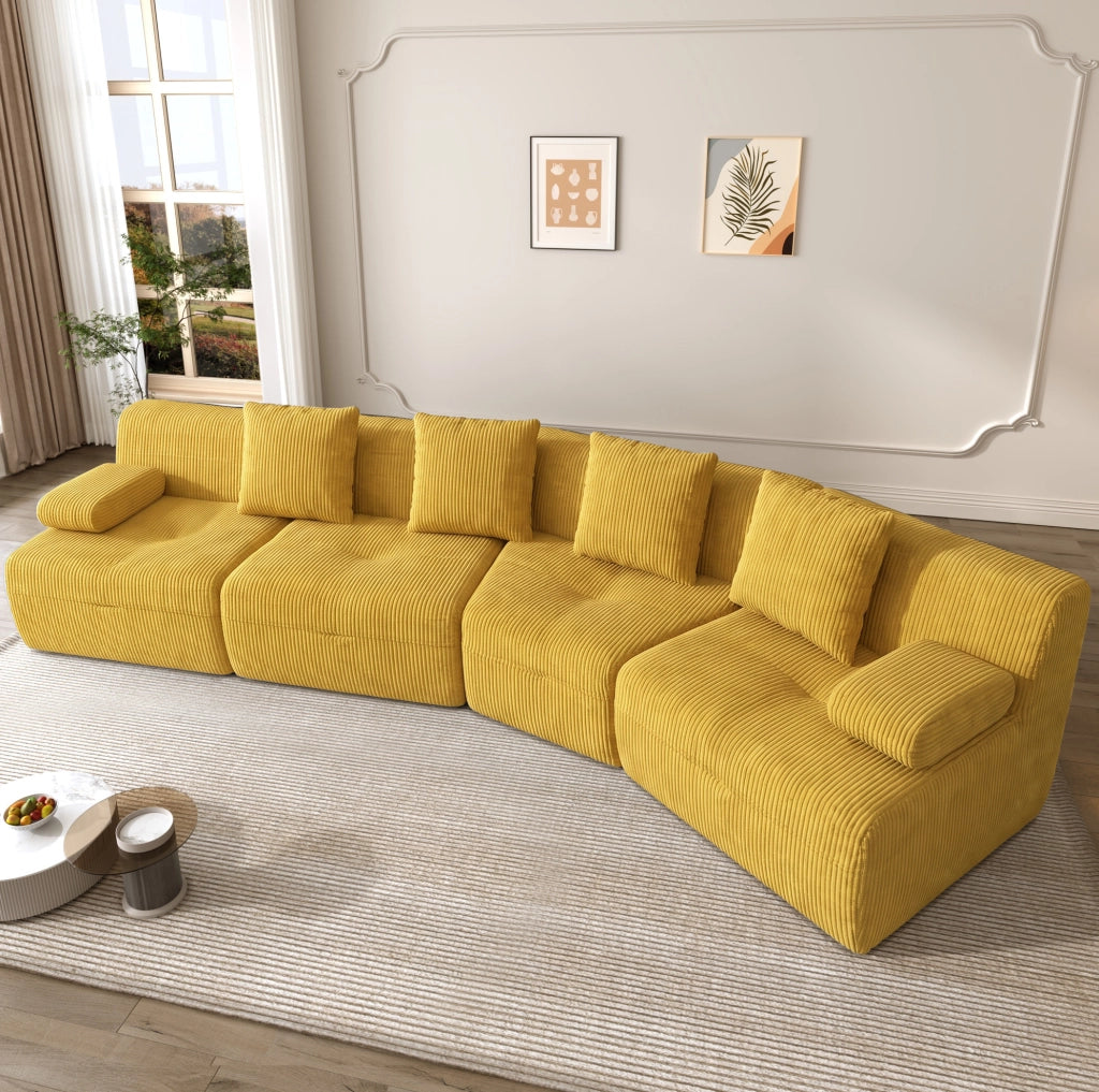 Divano modulare 4 posti in velluto a coste; 4 moduli indipendenti; 311×90×65 cm; giallo brillante