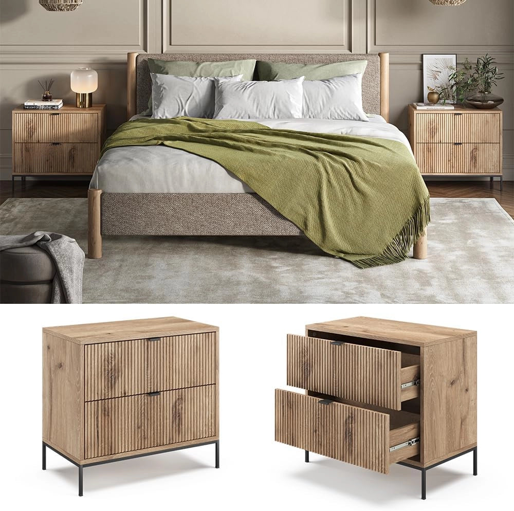 Comodino camera da letto Eliza, Quercia vichinga, Set di 2, combinabile per l'uso come tavolino laterale o comodino
