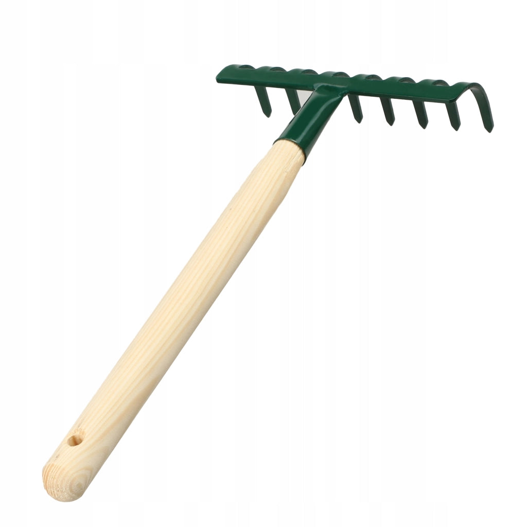 KADAX Piccolo rastrello per foglie ed erba da giardino, 36 cm, 8 denti, manico in legno