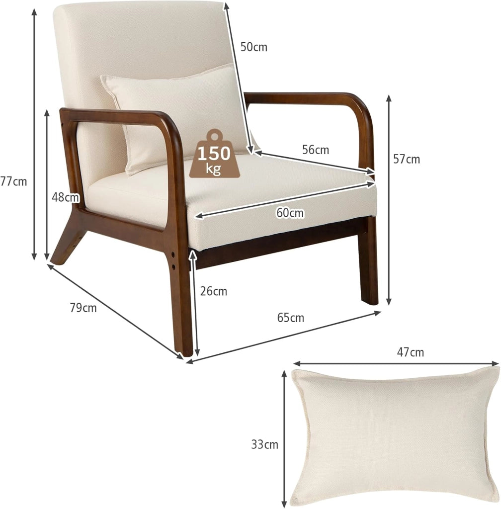Poltrona da Salotto, Sedia da Soggiorno con Cuscino Lombare, Poltrona Moderna Imbottita, Telaio in Legno di Gomma, per Soggiorno, Camera da Letto, Portata 150 kg (Beige)