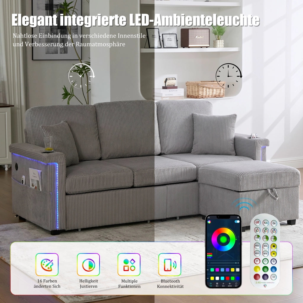 DIVANO Modulare con LED, USB/TypeC, contenitore, 194x73x81 cm, Grigio chiaro
