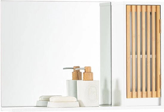 Cassettone da parete con specchio - Raccogli rifiuti bagno - Specchio a parete spazievendente - Porta in bambù duraturo - Ideale per piccoli oggetti - 60 cm x 40 cm x 12 cm