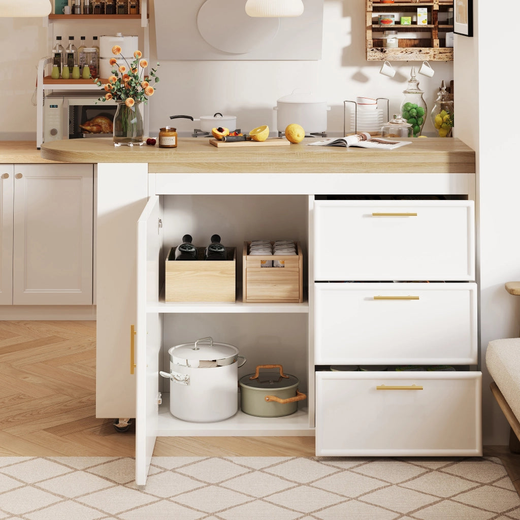 Mobile bar con 3 cassetti e ripiani regolabili; rotazione 360° - in MDF e metallo - bianco