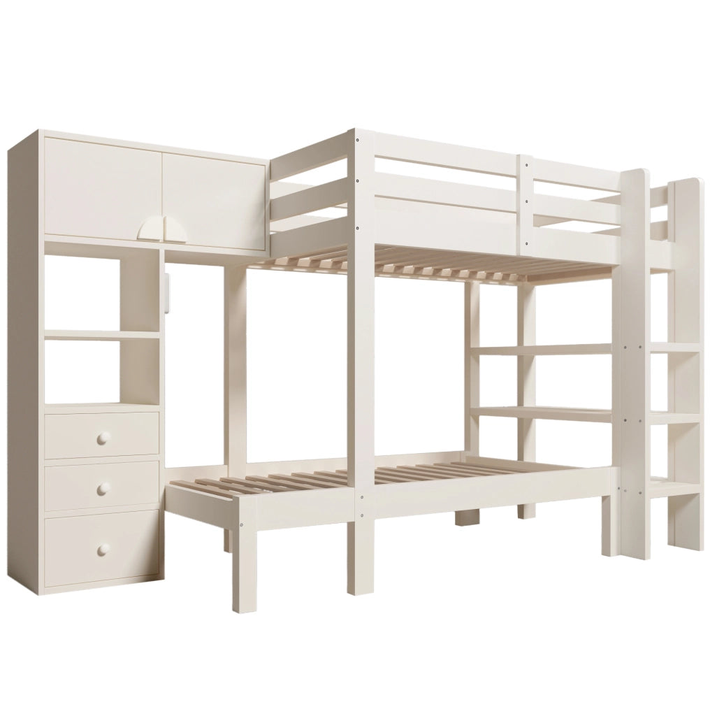 Letto a castello sfalsato 90x200 cm con LED notturno; armadio; ripiani e cassetti; bianco