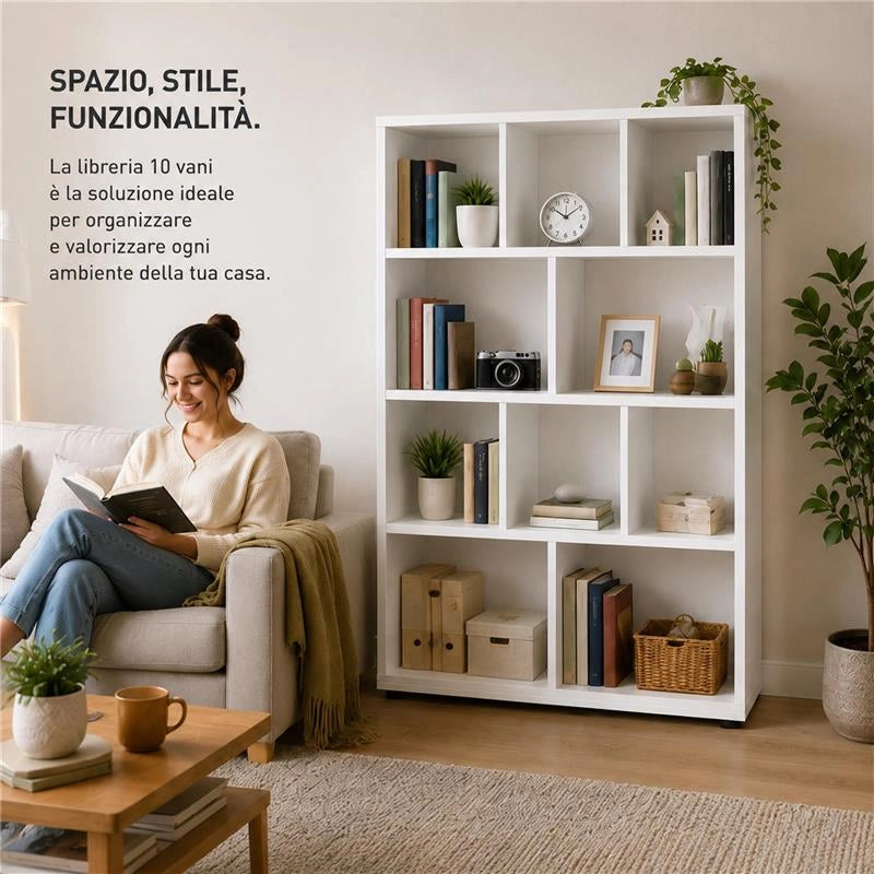 LIBRERIA MODERNA IN LEGNO BIANCO CON 10 RIPIANI SFALSATI DIMENSIONI 90X30X140 CM