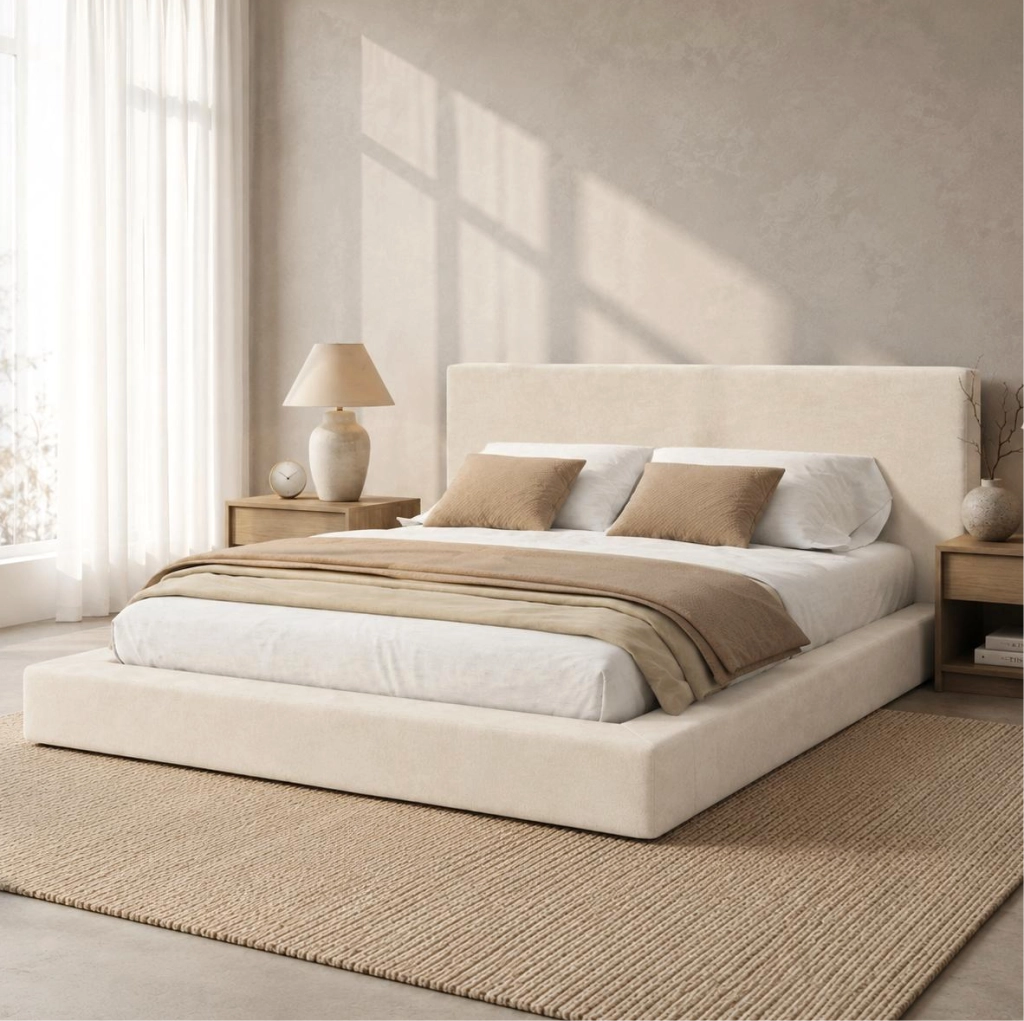 LETTO Imbottito 160x200 cm Chenille Beige con Rete a Doghe