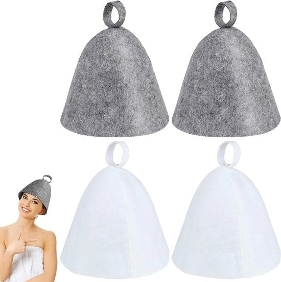 Set di 4 cappelli per sauna per signori e signore - accessori per doccia per sauna e centro benessere - cappello in velluto per cabina sauna - bianco grigio - rilassamento e benessere in stile