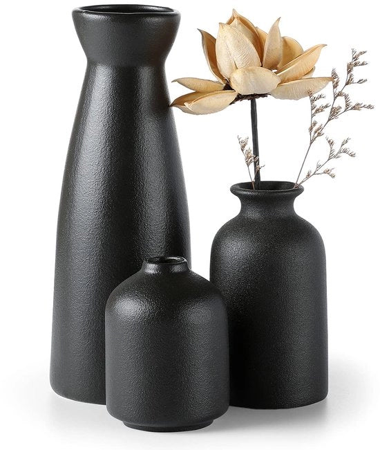 Set di vasi ceramici neri da decorazione, composto da 3 piccole vasi per fiori, decorazione rustica moderna per la casa rurale, vasi decorativi per pampas e fiori essiccati, idee per la tavola, la libreria e il camino.