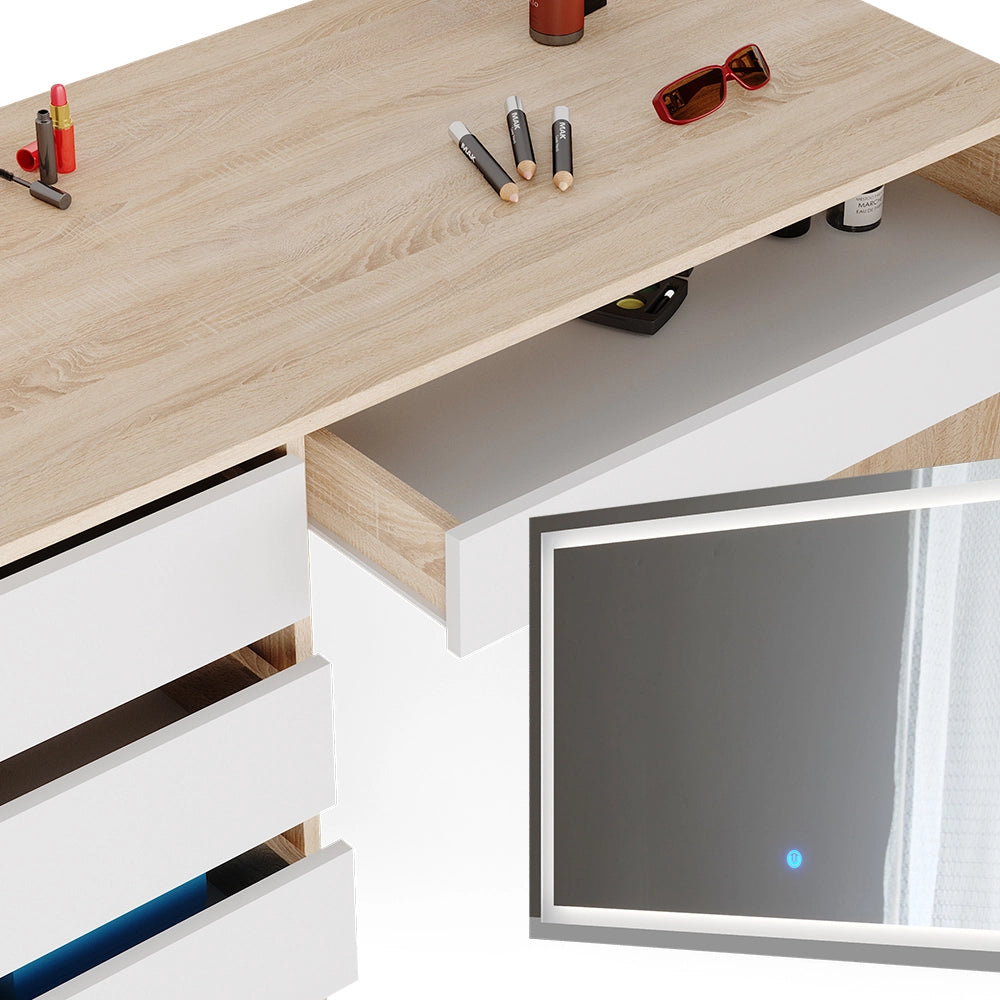 Vicco Tavolo da toeletta Bianco/Sonoma 55 cm con specchio LED e sgabello