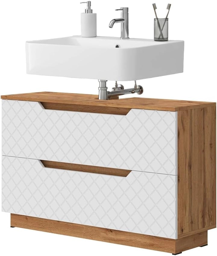 Mobile sottolavabo per bagno Lotta, Rovere/bianco con struttura in piastrelle, 99.4 x 62.5 cm con 2 cassetti