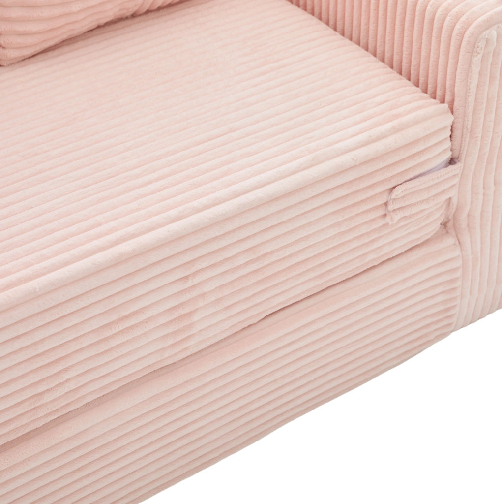 Divano pouf rosa in velluto a coste con 2 cuscini e tasche laterali 151x133x64 cm
