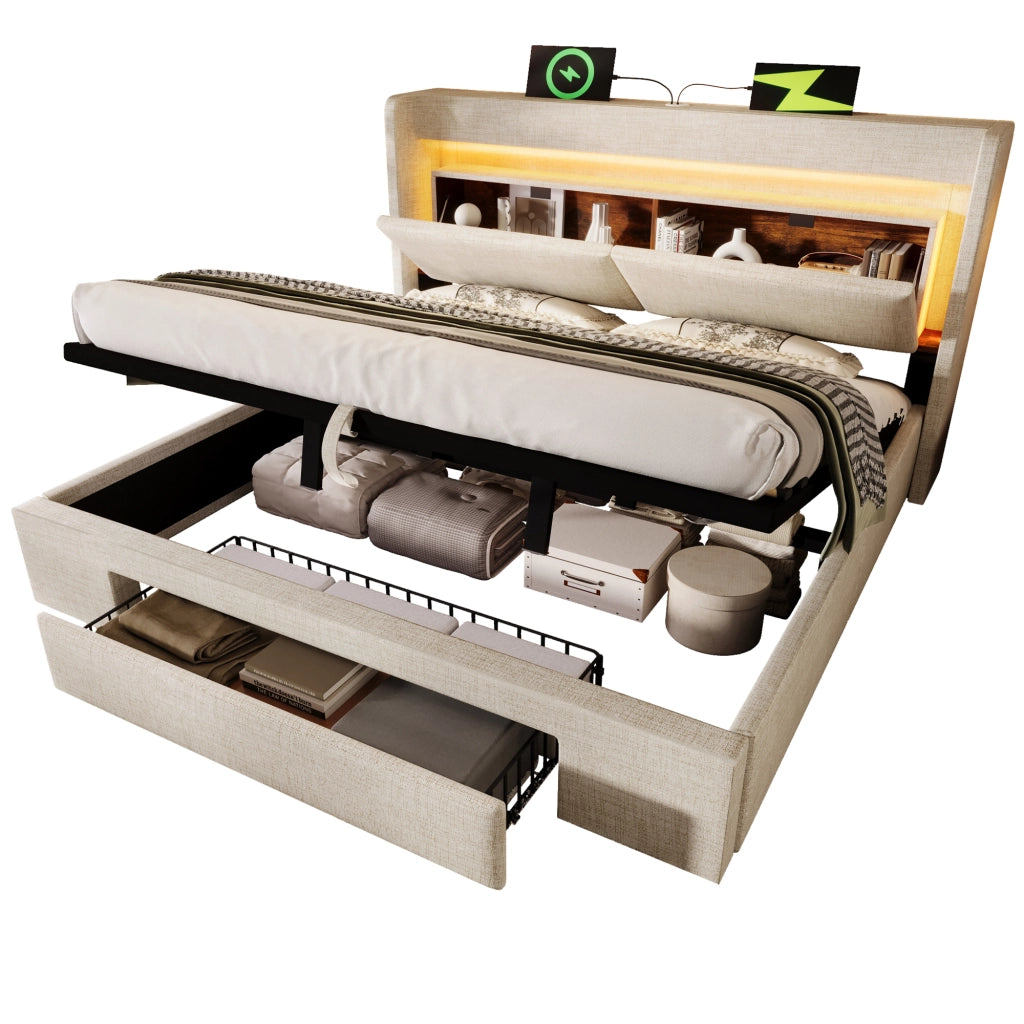 Letti contenitori 140x200 cm; contenitore idraulico e LED; lino; beige (Senza materasso)