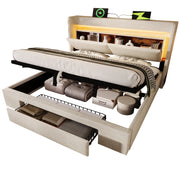 Letti contenitori 140x200 cm; contenitore idraulico e LED; lino; beige (Senza materasso)