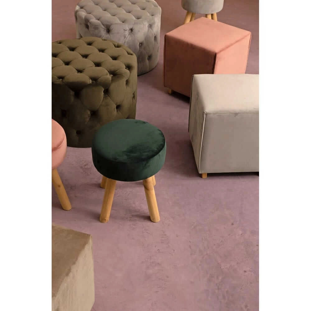 Set di 2 Sgabelli Rotondi in Velluto con Gambe in Legno - MIREILLE