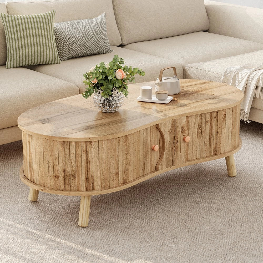 Tavolino da Caff¨¨ con 2 Ante Scorrevoli ¨C MINIMAL ¨C Effetto Legno, MDF, Gambe Massello