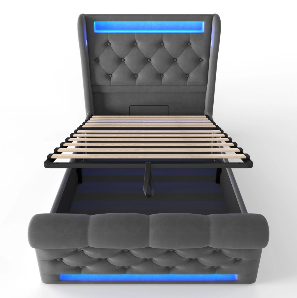 Letto singolo con contenitore; LED; USB e Type-C 90x200 cm in velluto grigio