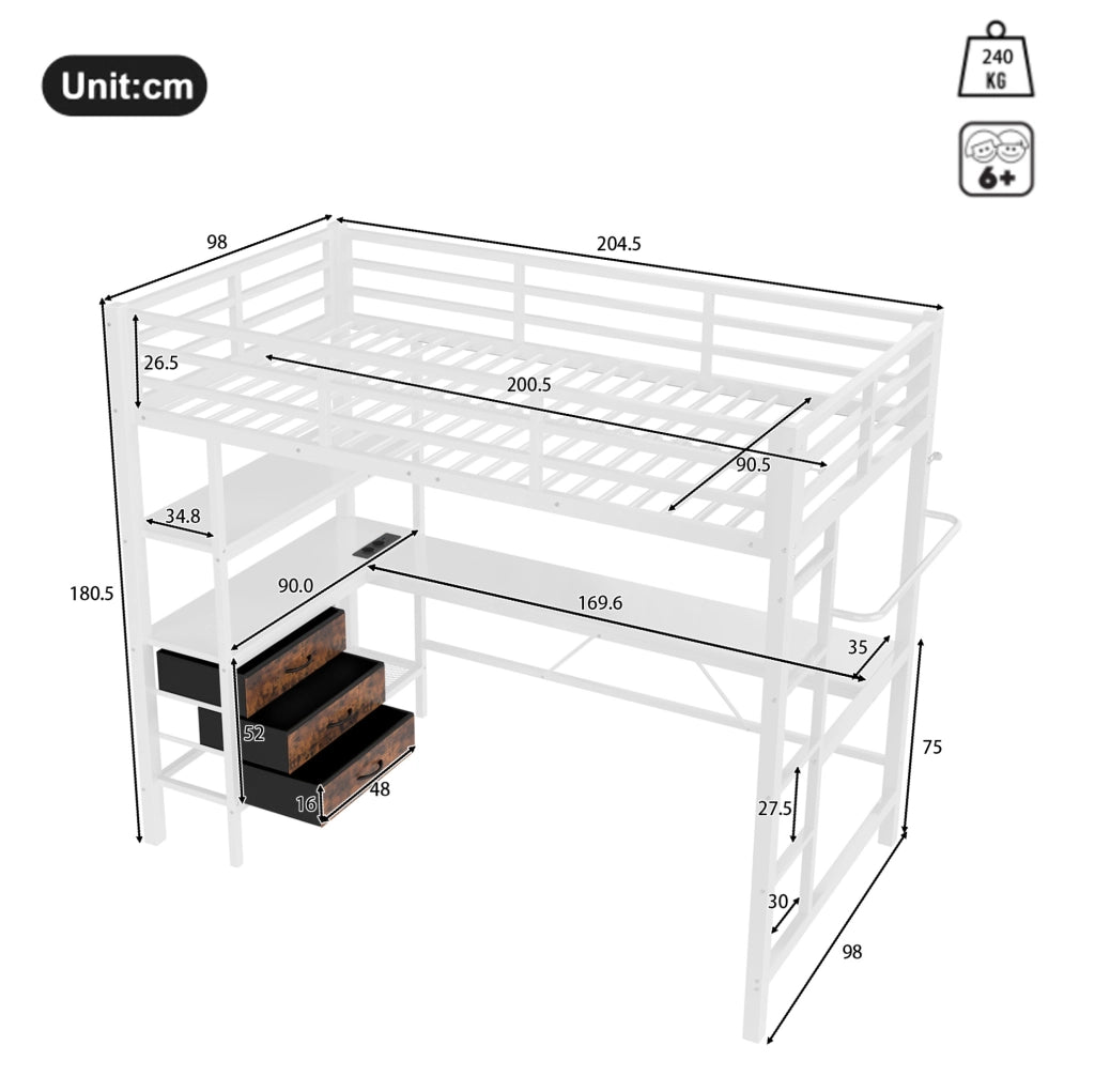 Letto a soppalco 90x200 cm con scrivania, LED e USB