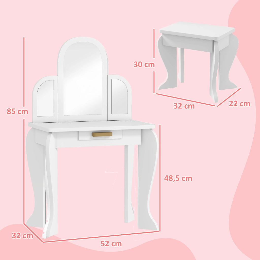 Toeletta per Bambini con Specchio e Sgabello ¨C Xylo ¨C Bianco con Cassetto 3-6 Anni