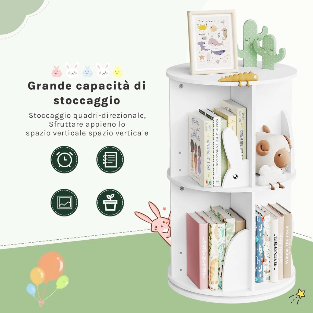 Libreria Rotante per Bambini a 2 Livelli, Porta Libri Girevole, Bianca per Soggiorno, Studio, Ufficio, Scaffale in Legno Autoportante