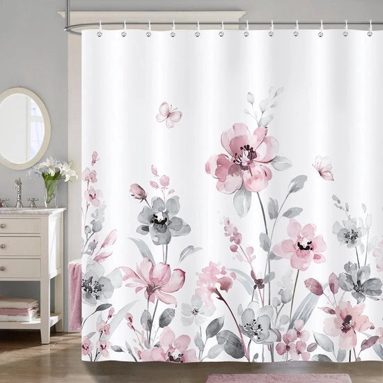 Douchegordijn Acquasplash 180x180 cm - Grigio/Rosato Fiore - Antischiummoso - Lavabile - Incluso 12 Ganci - Facile da Installare - Parete Acquasplash