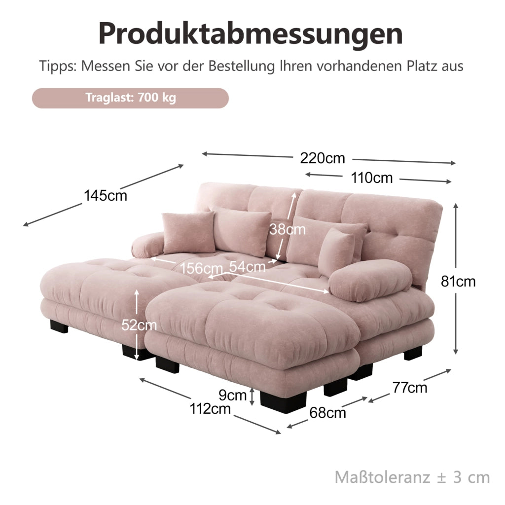 Divano angolare Cloud in chenille rosa con 2 cuscini lombari, 2 cuscini decorativi e 2 pouf mobili