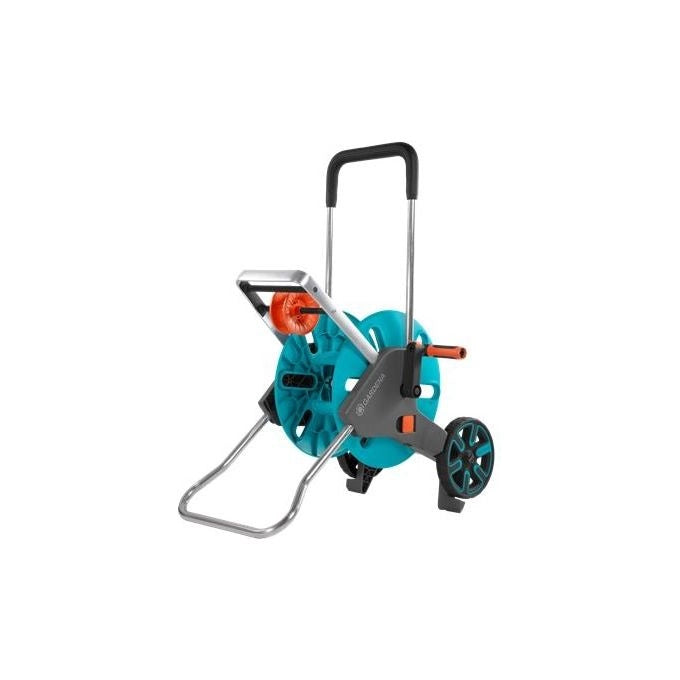 Gardena 18515-20 AquaRoll M Easy Carrello Avvolgitubo Manuale Capacita' 60 m Diametro Tubo 13 15 19 mm con Stop Goccia e Resistenza al Gelo colore Nero Blu Arancione
