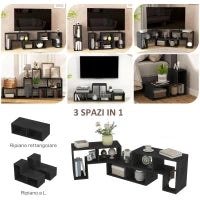 Mobile TV 75" max Modulabile con 2 Ripiani a L e Mensola Rettangolare, in Legno, 134-180x30.5x44 cm, Nero