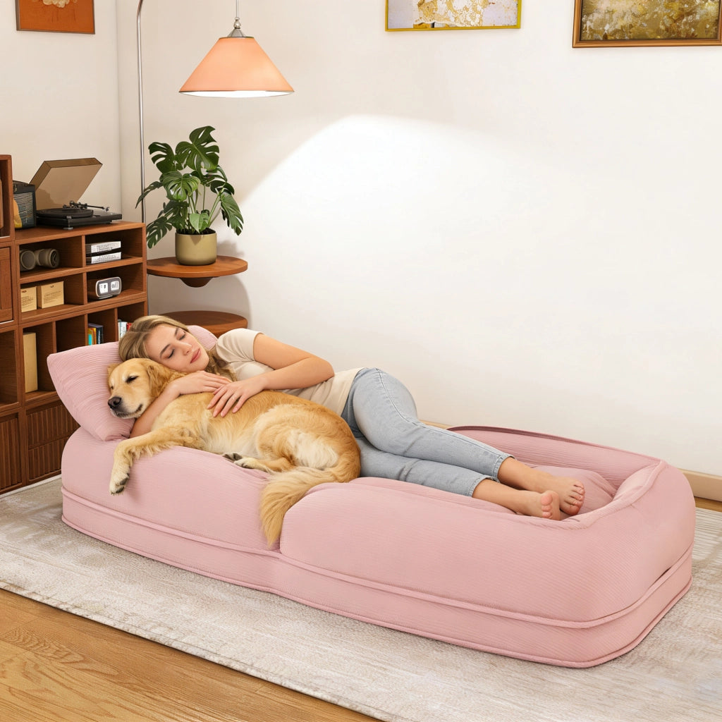 Divano Letto Pieghevole 180x90 cm Regolabile 5 Posizioni con 2 Cuscini; Tessuto a Coste; Rosa