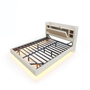 Letto imbottito matrimoniale 160×200 cm con USB; LED; testiera con ripiani; senza materasso; beige