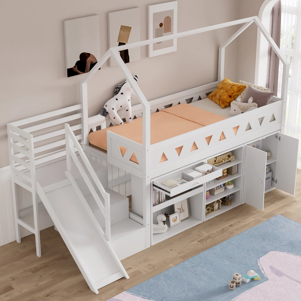 Letto per bambini 90x200 cm con scivolo; scala e cassetti; in legno massiccio bianco