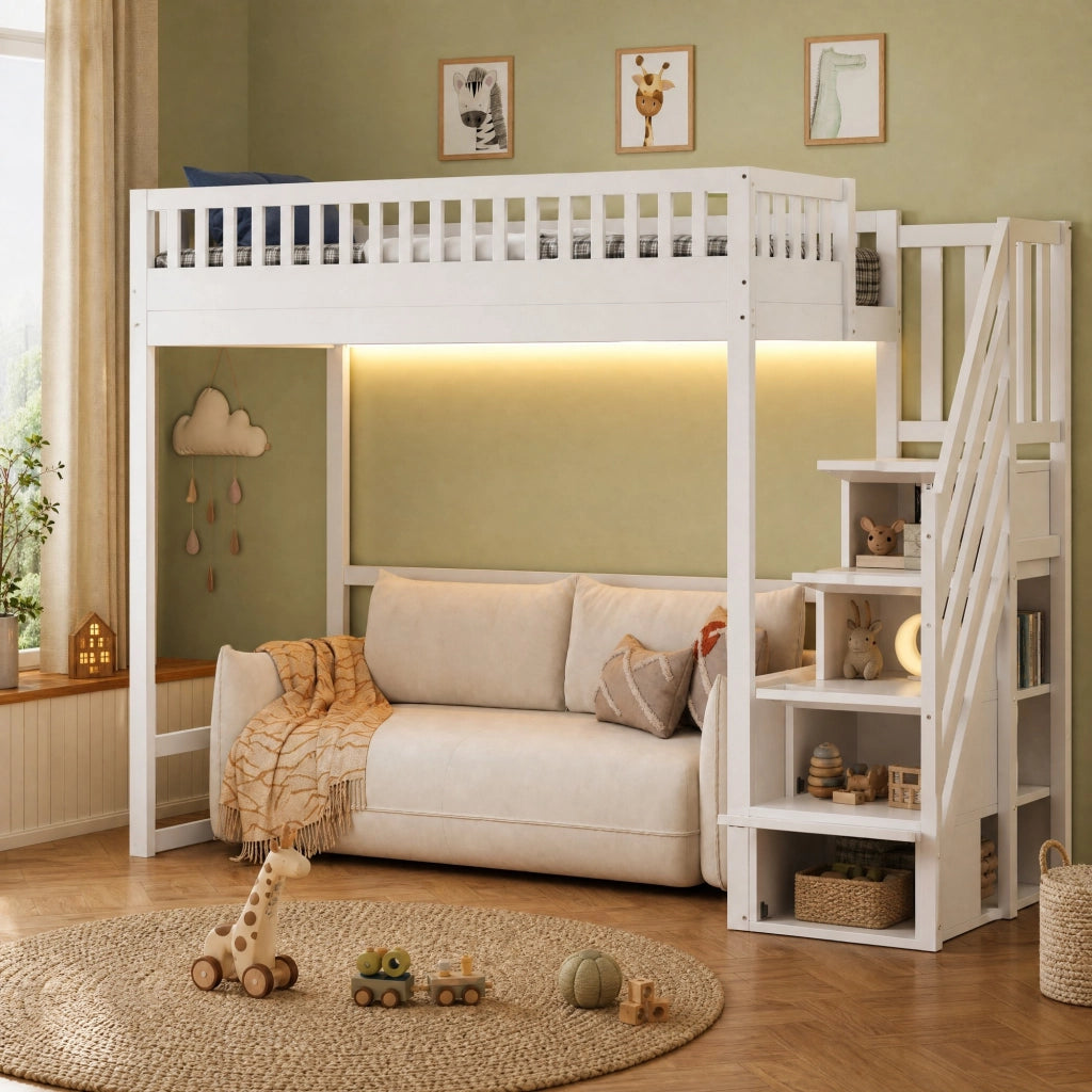 Letto a soppalco 90 x 200 cm con scala contenitore reversibile e LED; bianco