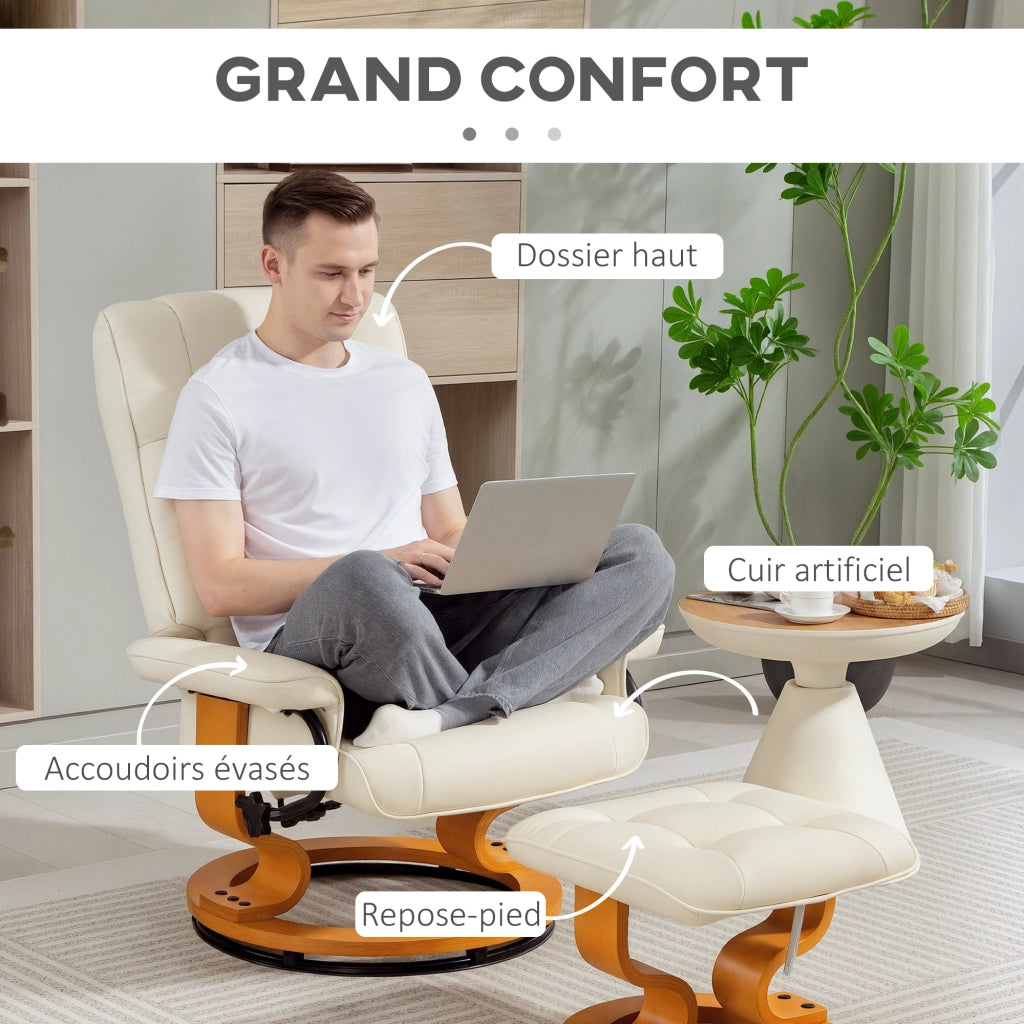 Poltrona relax reclinabile con poggiapiedi ¨C Xylo ¨C Girevole tessuto crema struttura legno