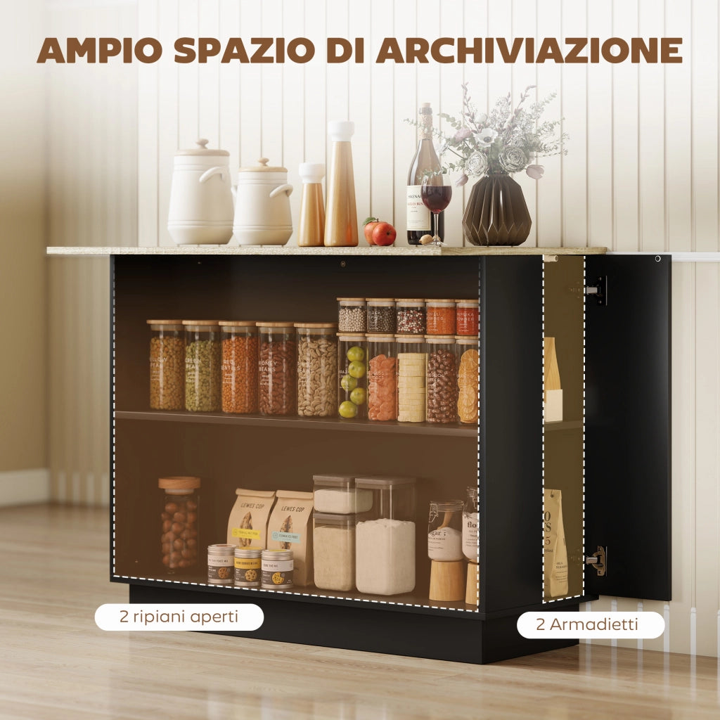 Isola Cucina con 2 Ripiani e 2 Armadietti ¨C zephmum ¨C MDF, Rovere e Nero, 105x60x82 cm